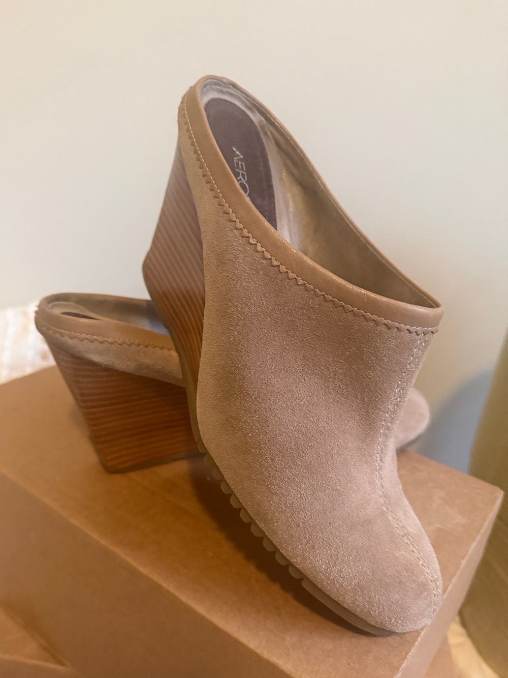 Aerosoles Tan Suede Peep-Toe Wedge Mules